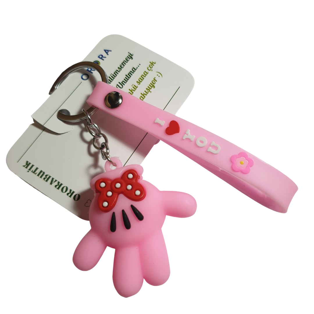 Mickey Mouse Pembe El ve I Love You (Seni Seviyorum) Figürlü Anahtarlık-5cm